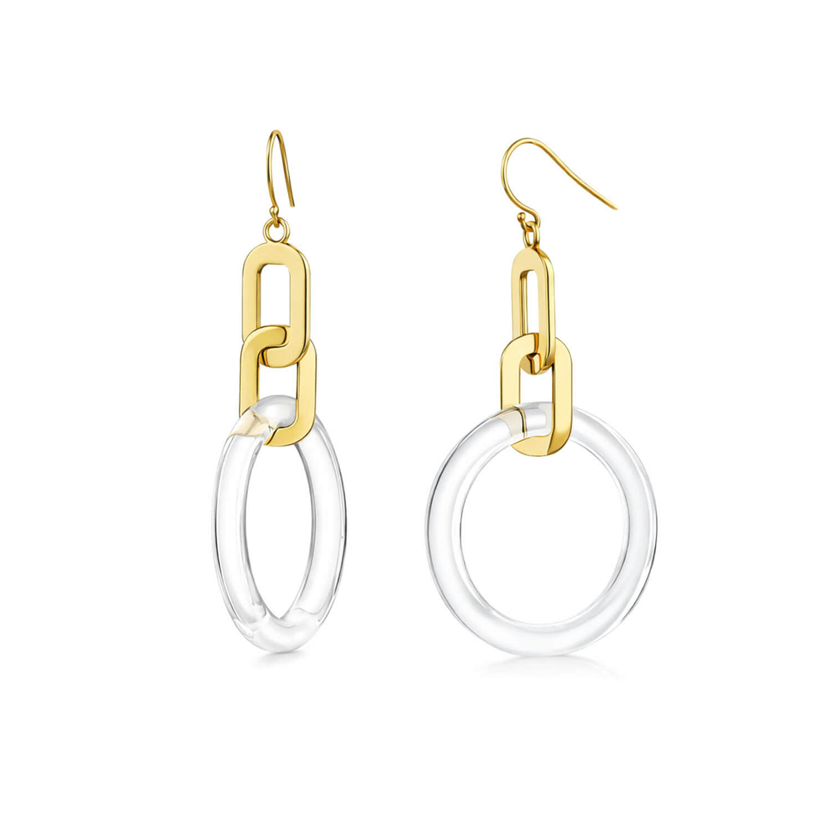 Gold and clear hoop earrings on a white background