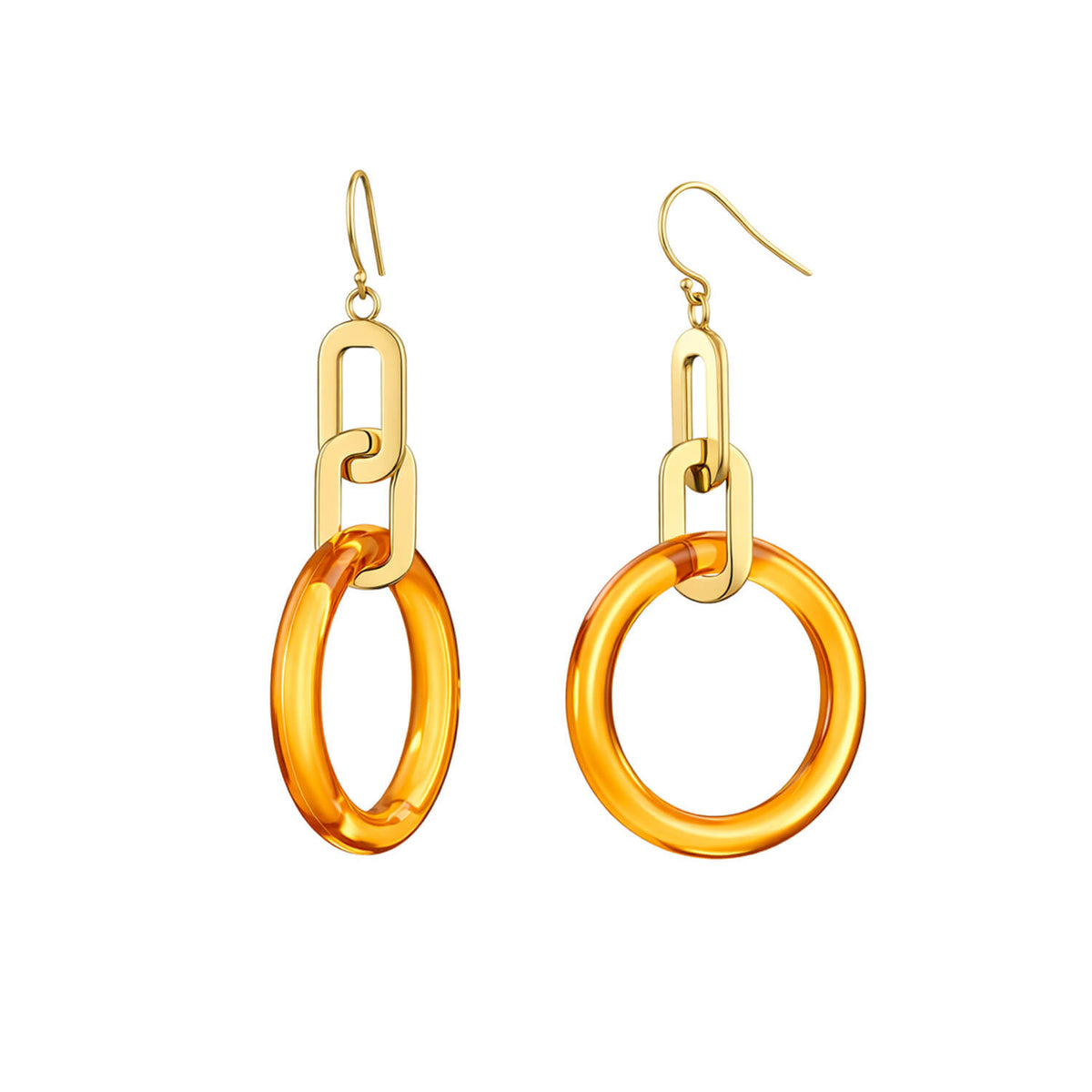 Gold and orange hoop earrings on a white background