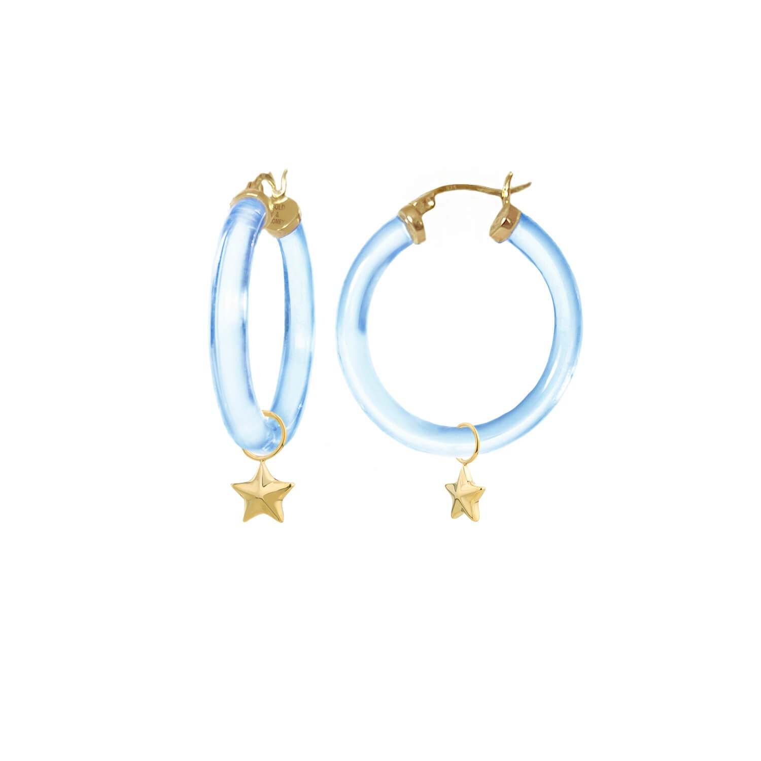small star charm hoop earrings in blue lucite