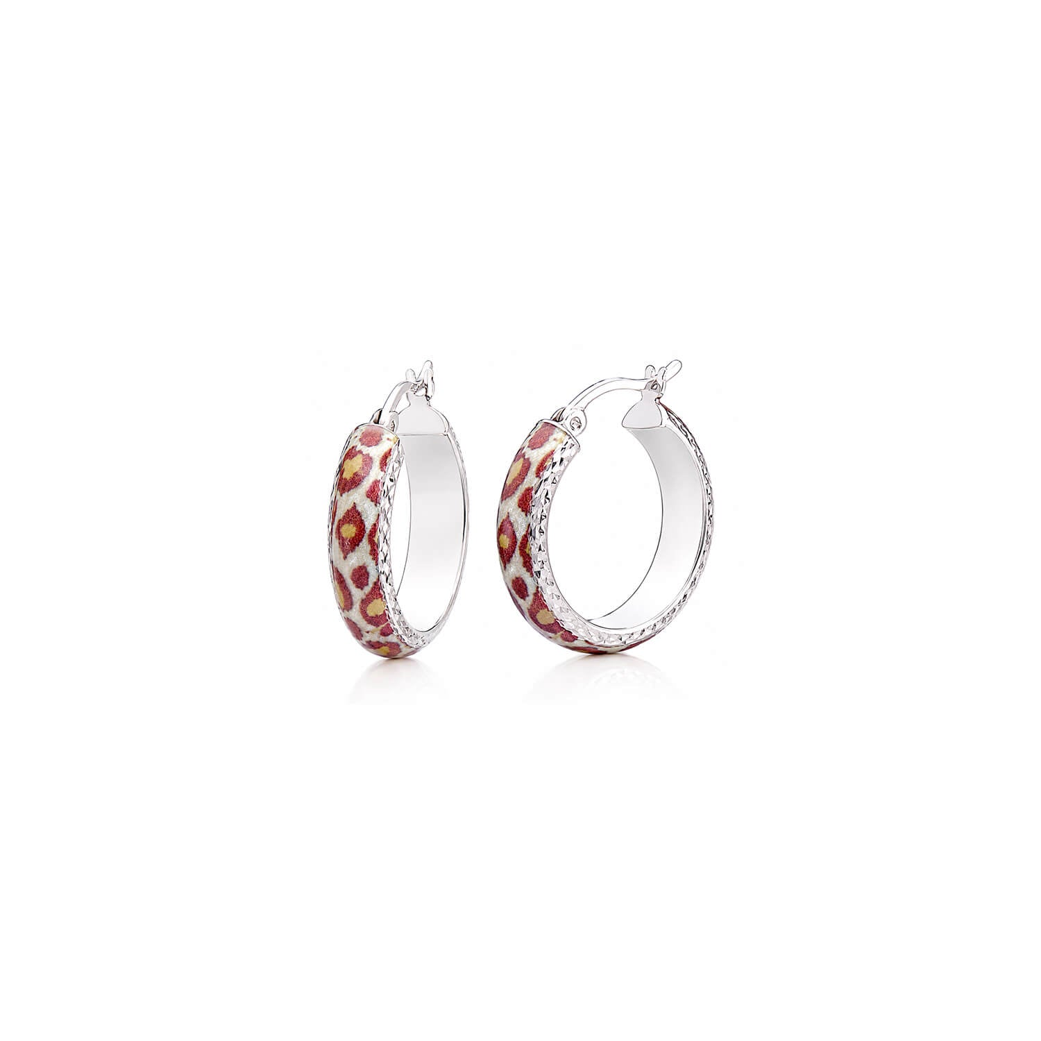 leopard print small hoop earring with silver diamond cut details