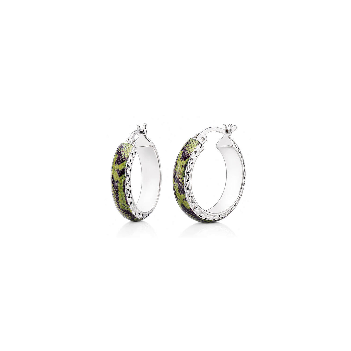 green snake print small hoop earring with silver diamond cut details