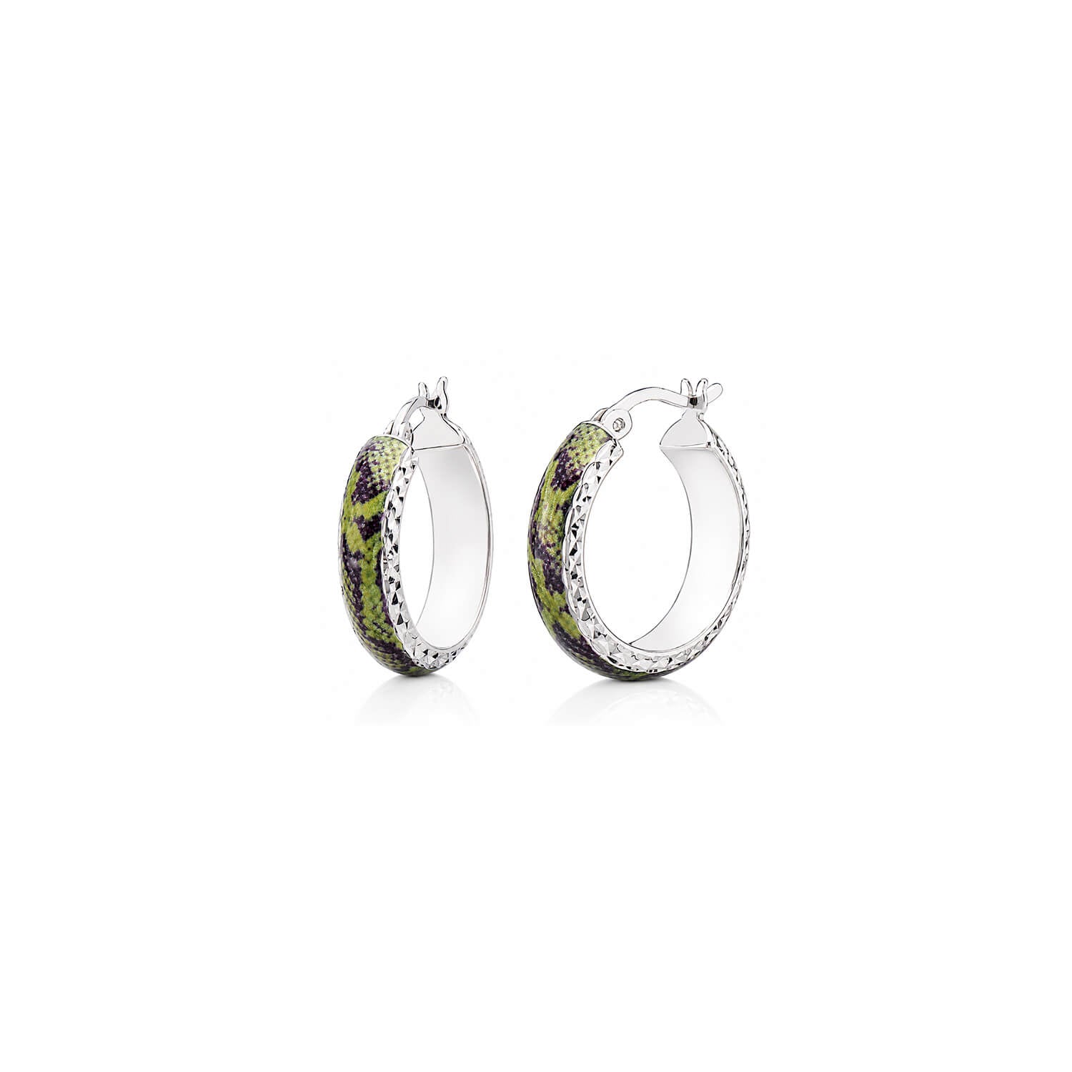 green snake print small hoop earring with silver diamond cut details