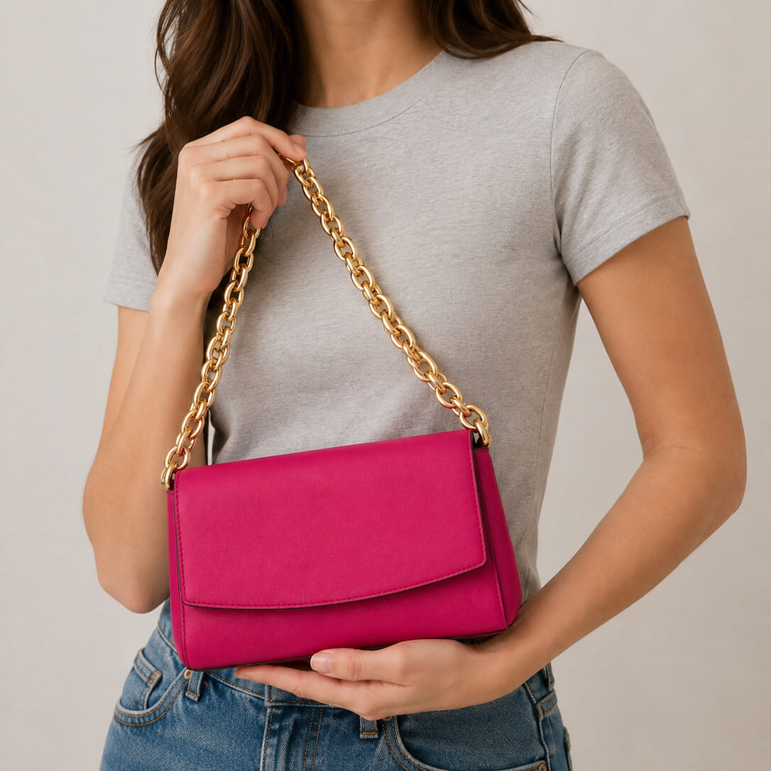 model holding a large chunky gold link chain on a pink handbag 