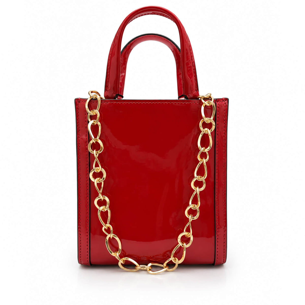 A glossy red patent leather handbag with top handles and a gold chain strap, shown against a plain white background.
