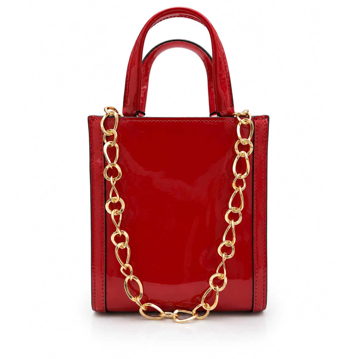 A glossy red patent leather handbag with top handles and a gold chain strap, shown against a plain white background.