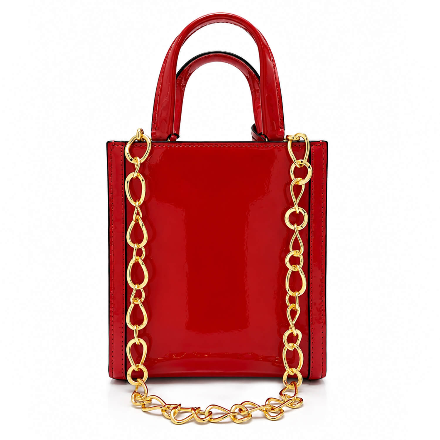 A glossy red patent leather top-handle handbag with a gold chain shoulder strap, shown against a plain white background.