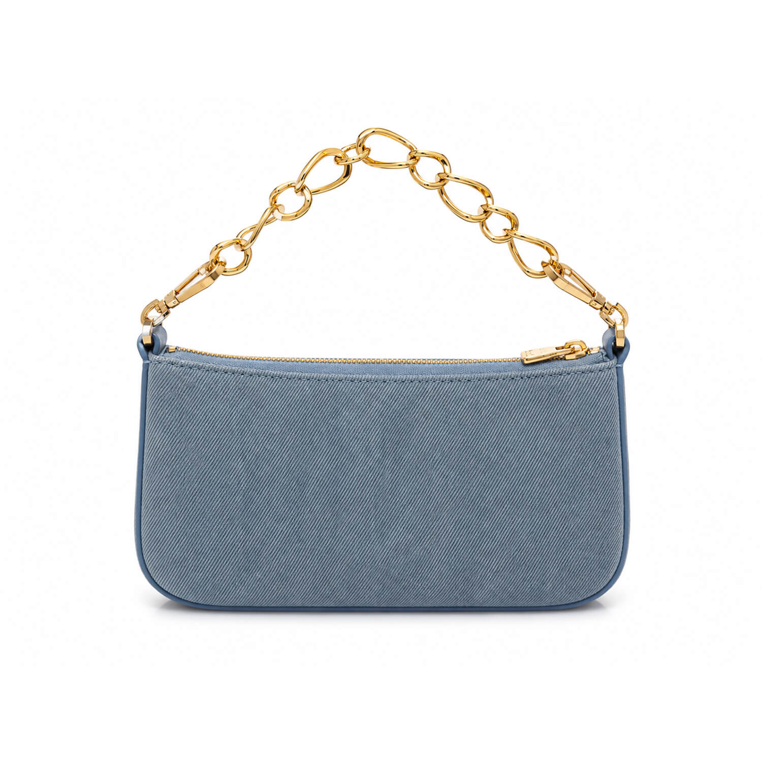 A small blue textured pouch bag with a gold-tone chain strap and gold zipper, shown on a plain white background.