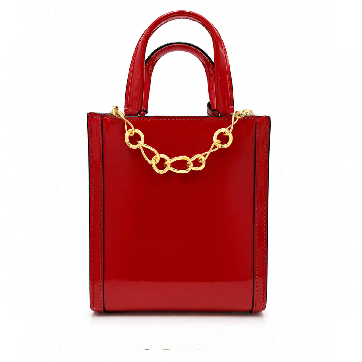 A glossy red patent leather handbag with top handles and a gold chain link detail across the front, shown on a plain white background.