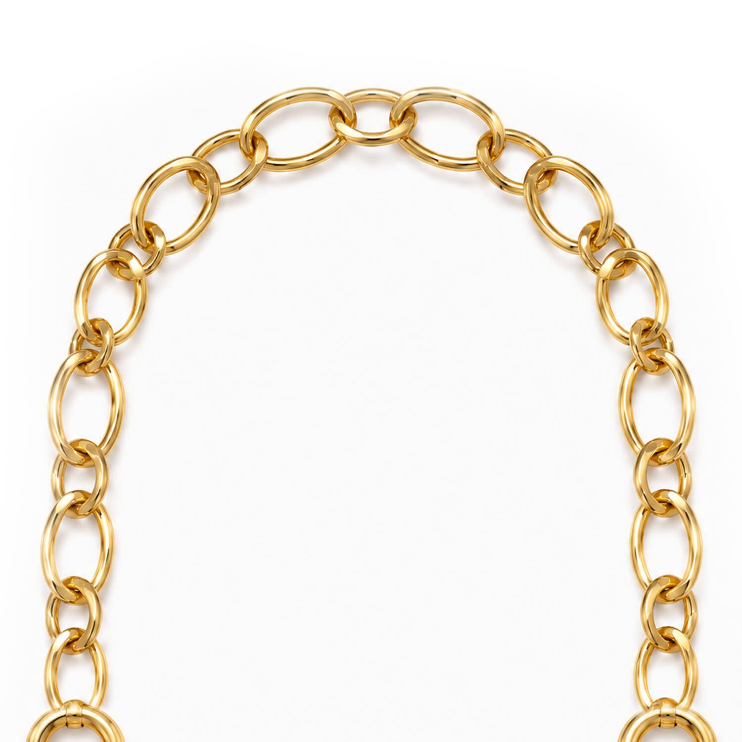 A close-up of a gold chain with large, polished oval links arranged in a curved shape against a plain white background.