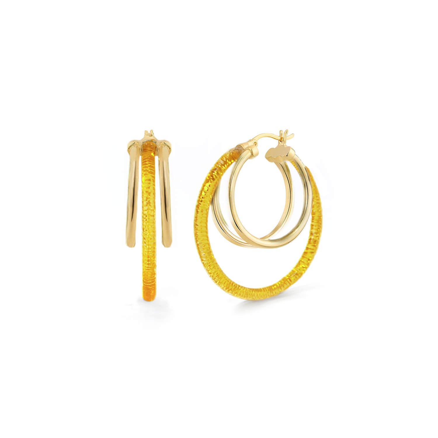triple multi gold hoop earrings in honey orange gold lucite
