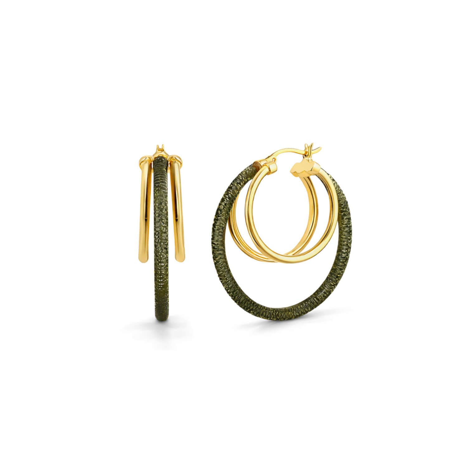 Gold and black hoop earrings on a white background