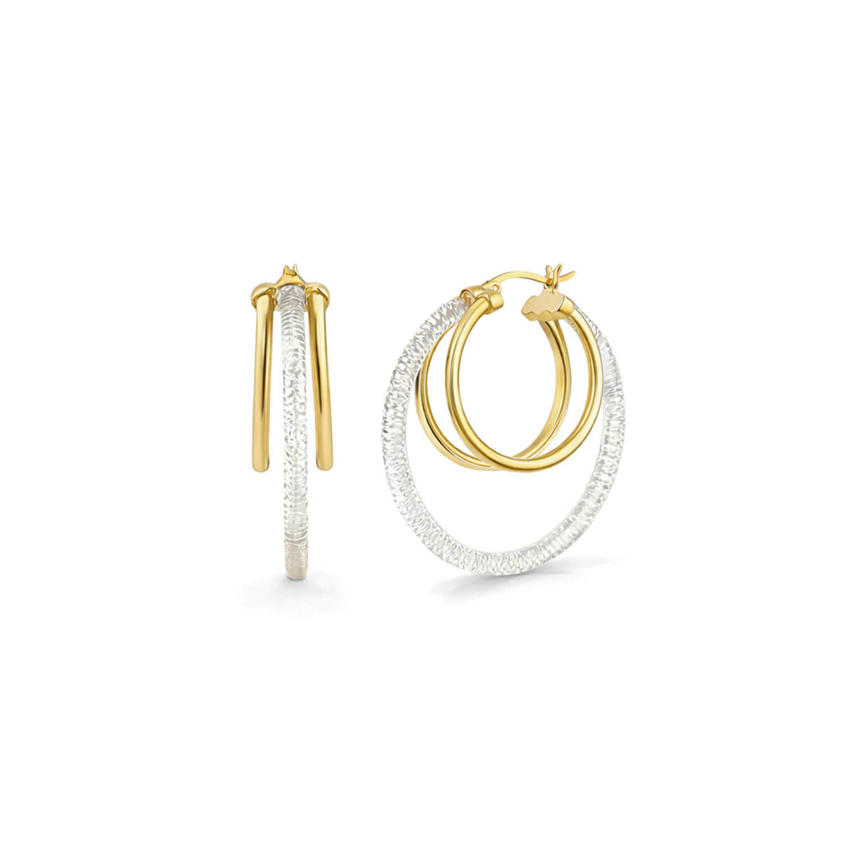 Gold and clear hoop earrings on a white background