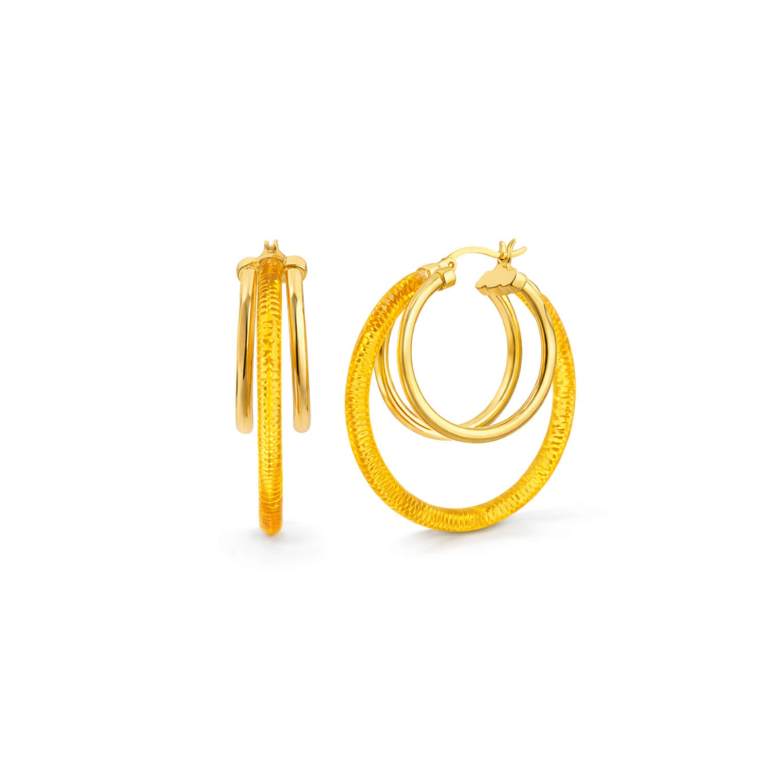 Gold hoop earrings on a white background