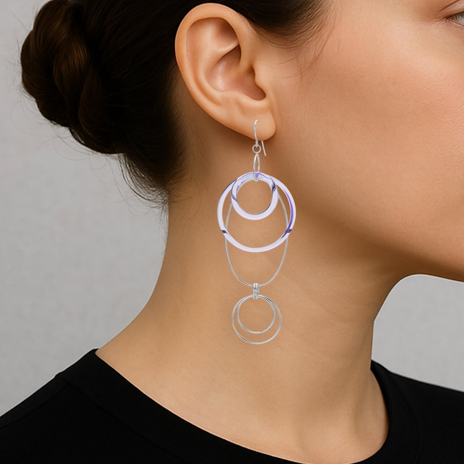 Purple Lucite and Silver Oval Drop Earrings