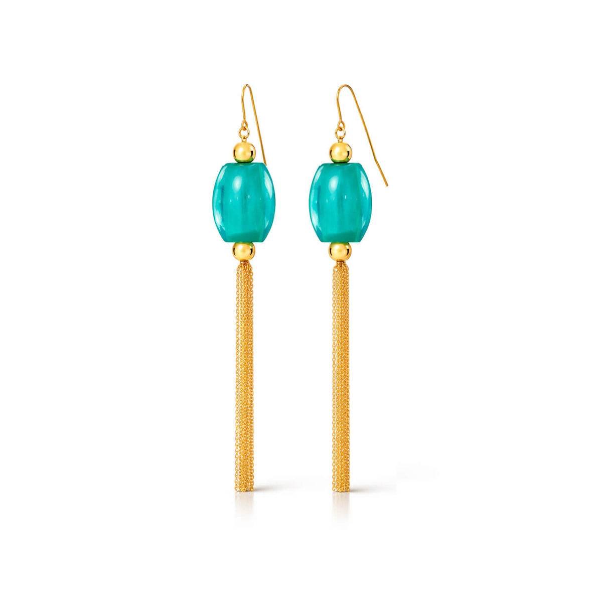teal earrings with gold tassels on a white background