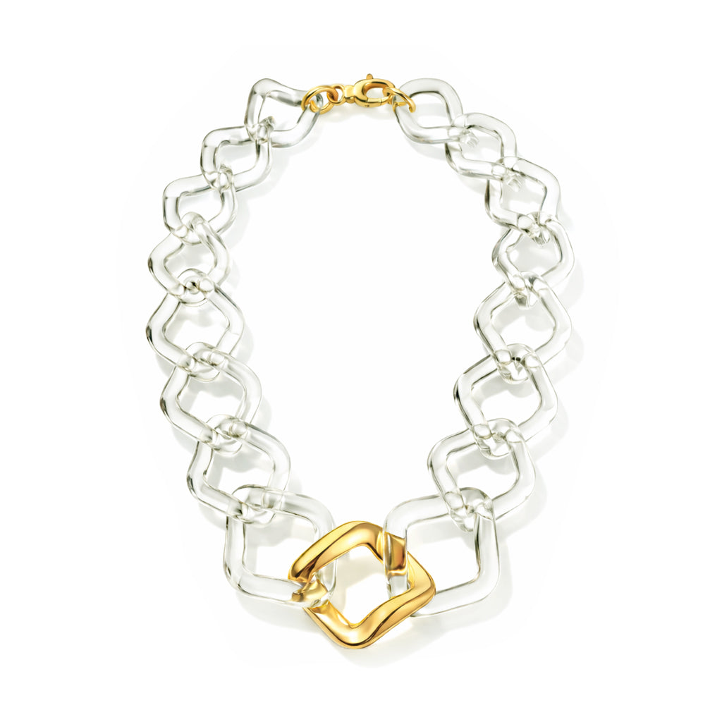 Clear chain necklace with gold clasp on a white background
