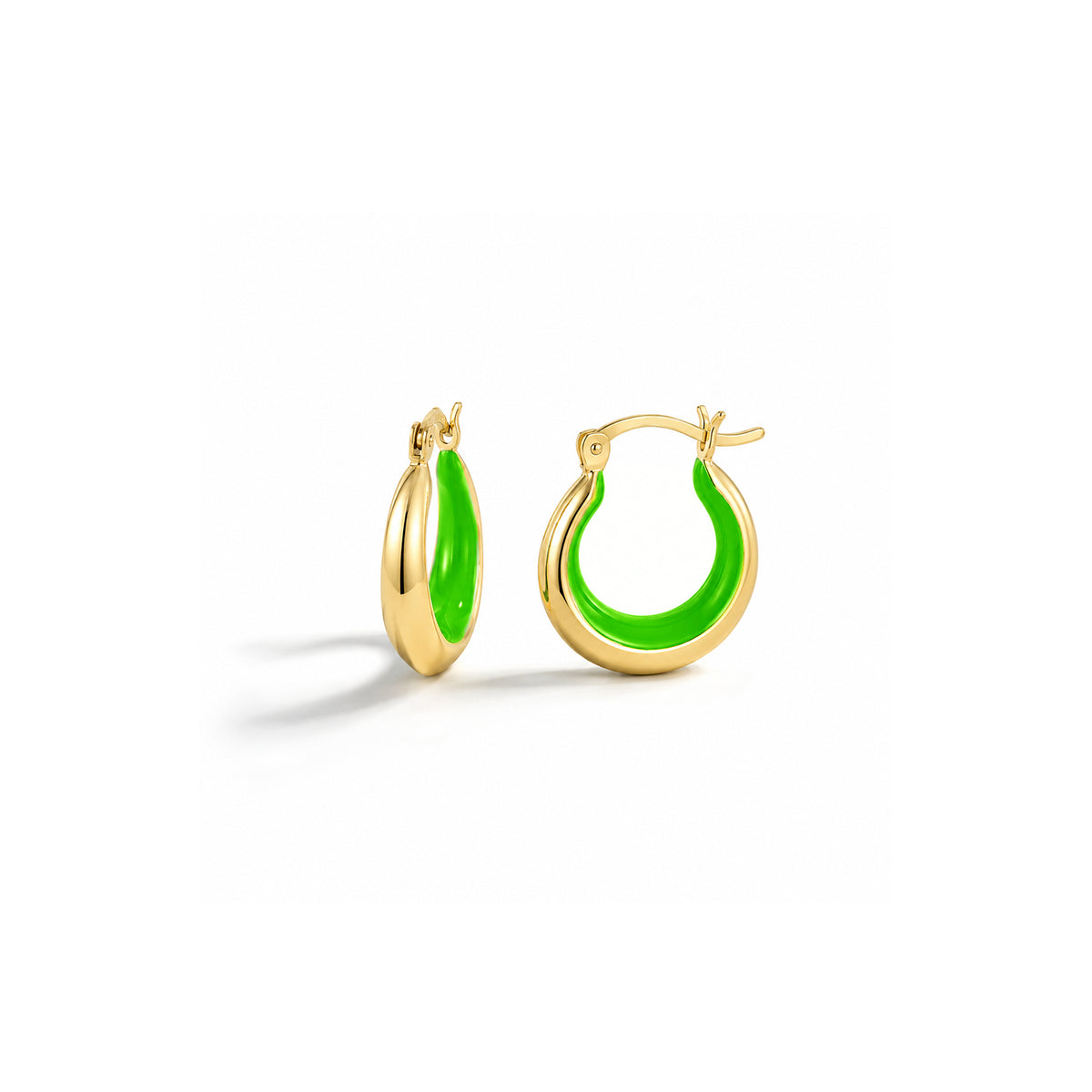 A pair of gold hoop earrings with bright green enamel inlay, shown on a clean white background.