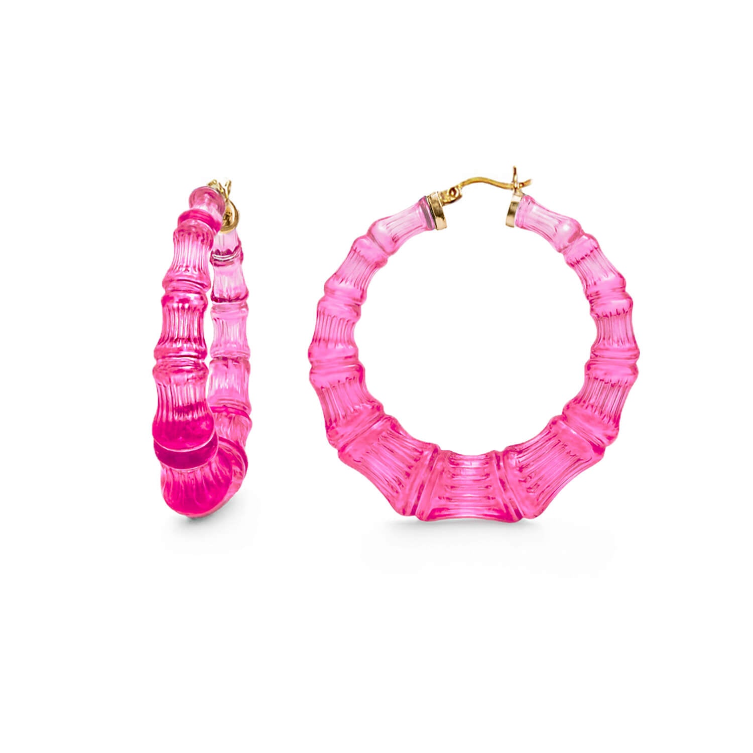 Pink bamboo hoop earrings on a white background