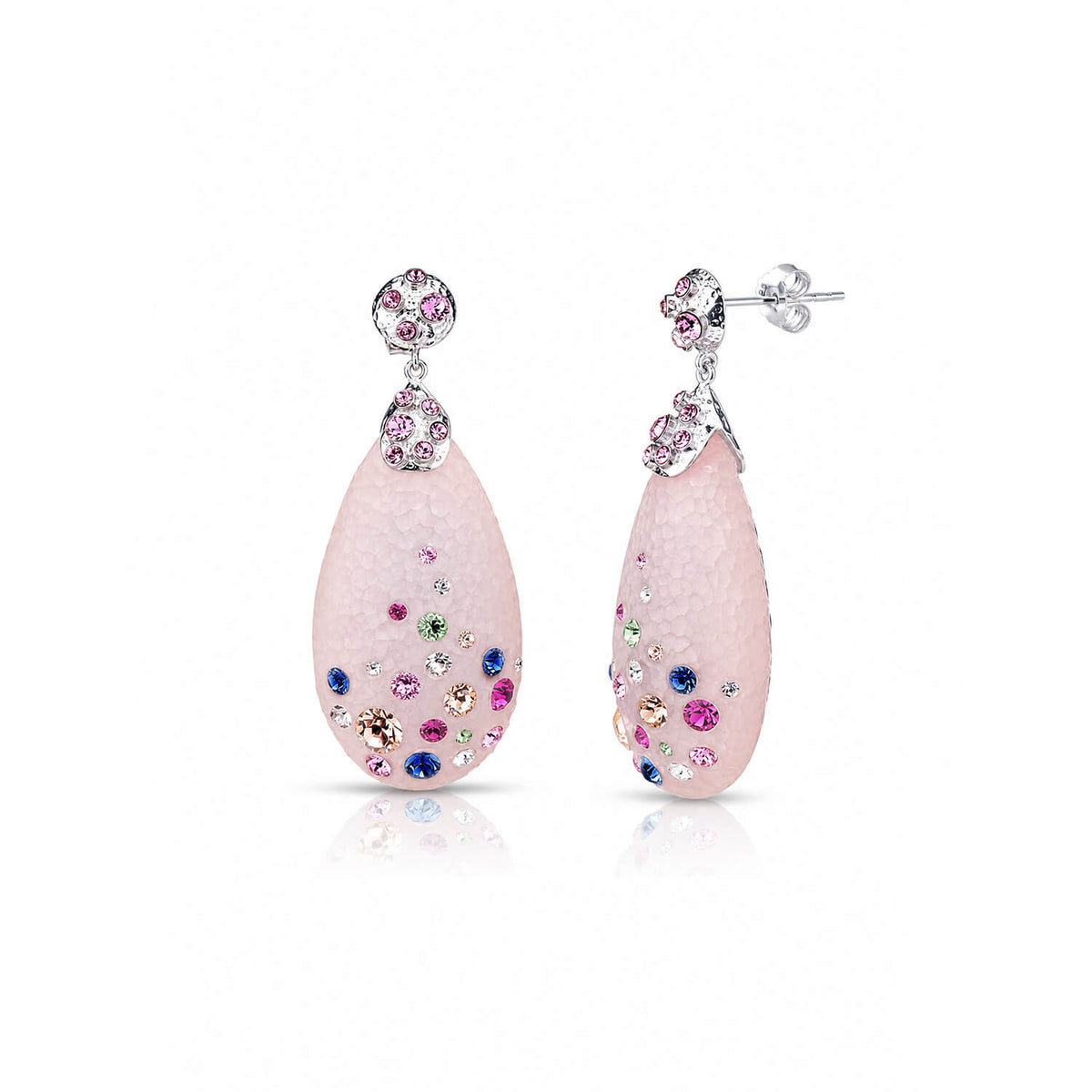 Teardrop-shaped earrings with pink stone and multicolored gemstones on a white background