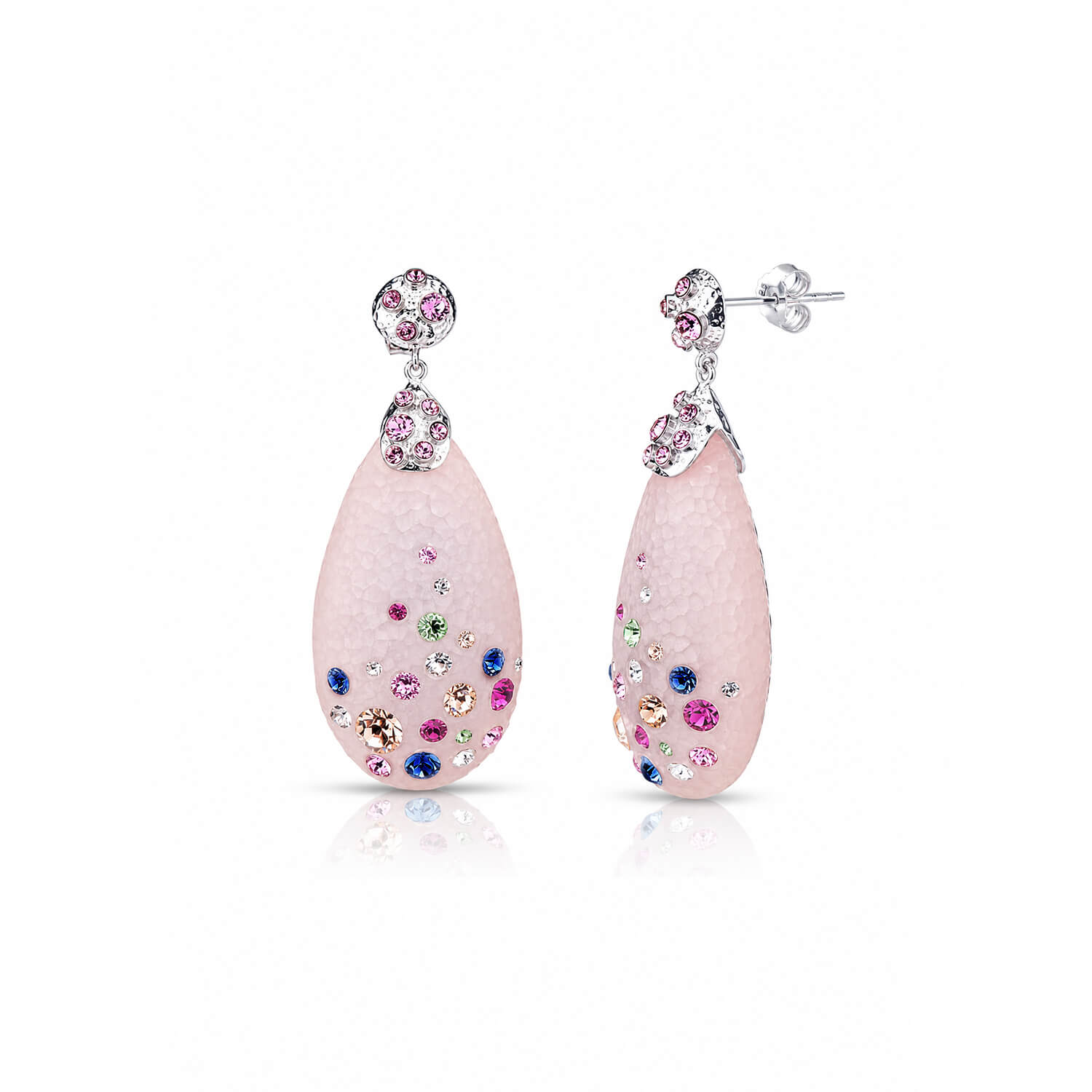 Teardrop-shaped earrings with pink stone and multicolored gemstones on a white background