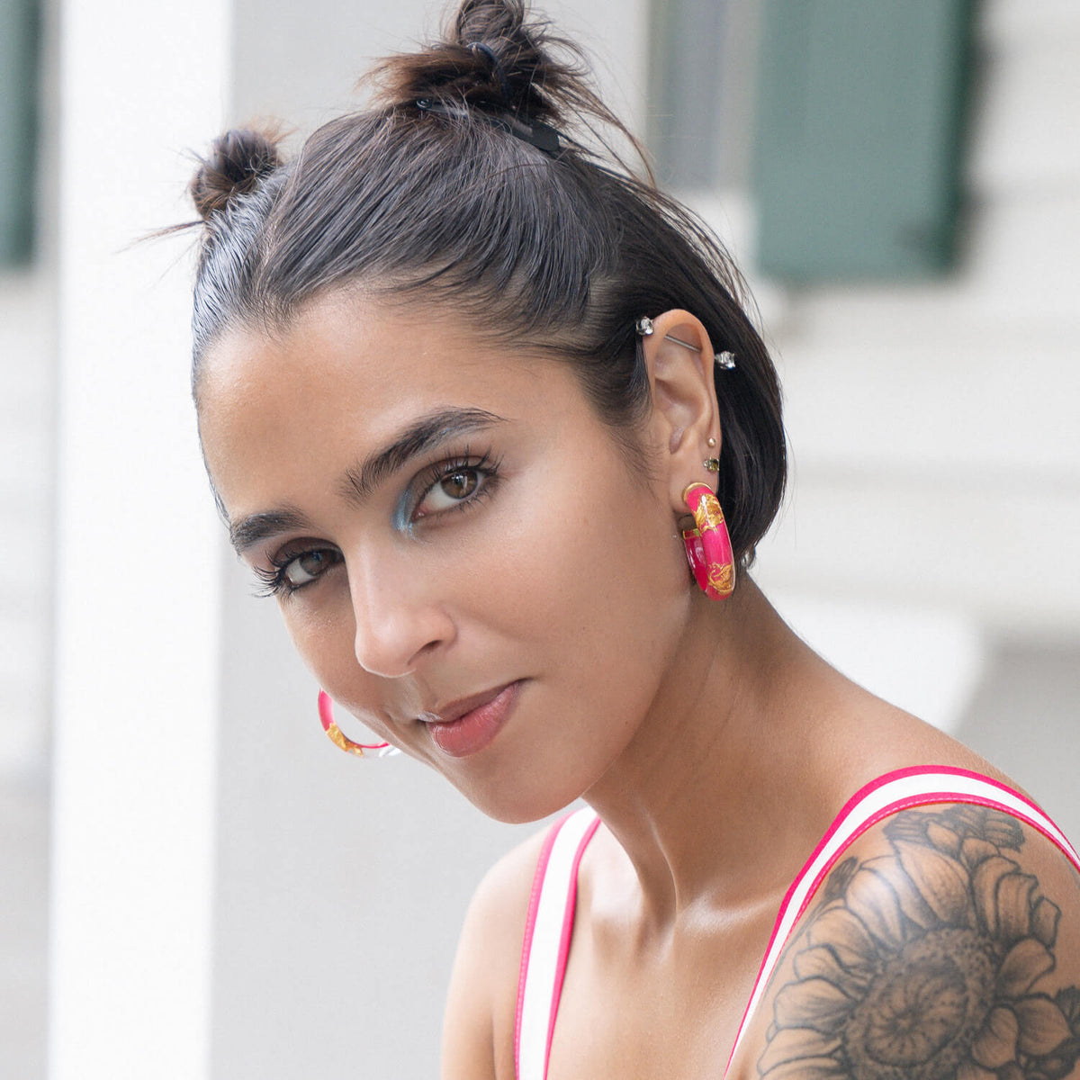 Pink Gold Leaf Lucite Hoops