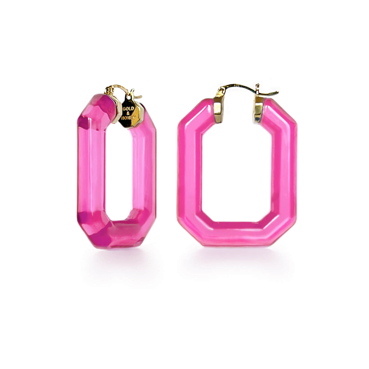 hot pink emerald cut gem lucite hoop earrings