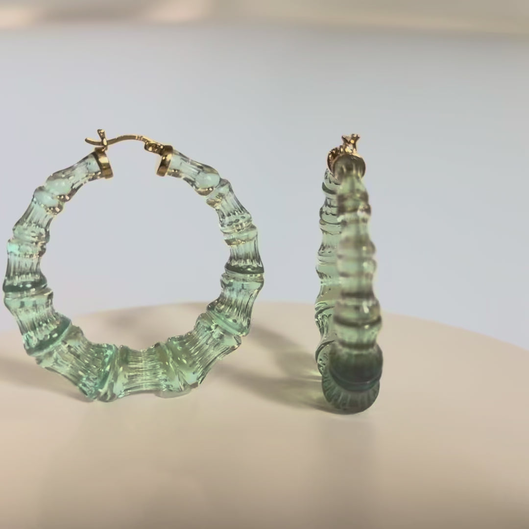 FALL GREEN BAMBOO HOOP EARRINGS WITH GOLD CLICK TOP ON WHITE BACKGROUND - VIDEO