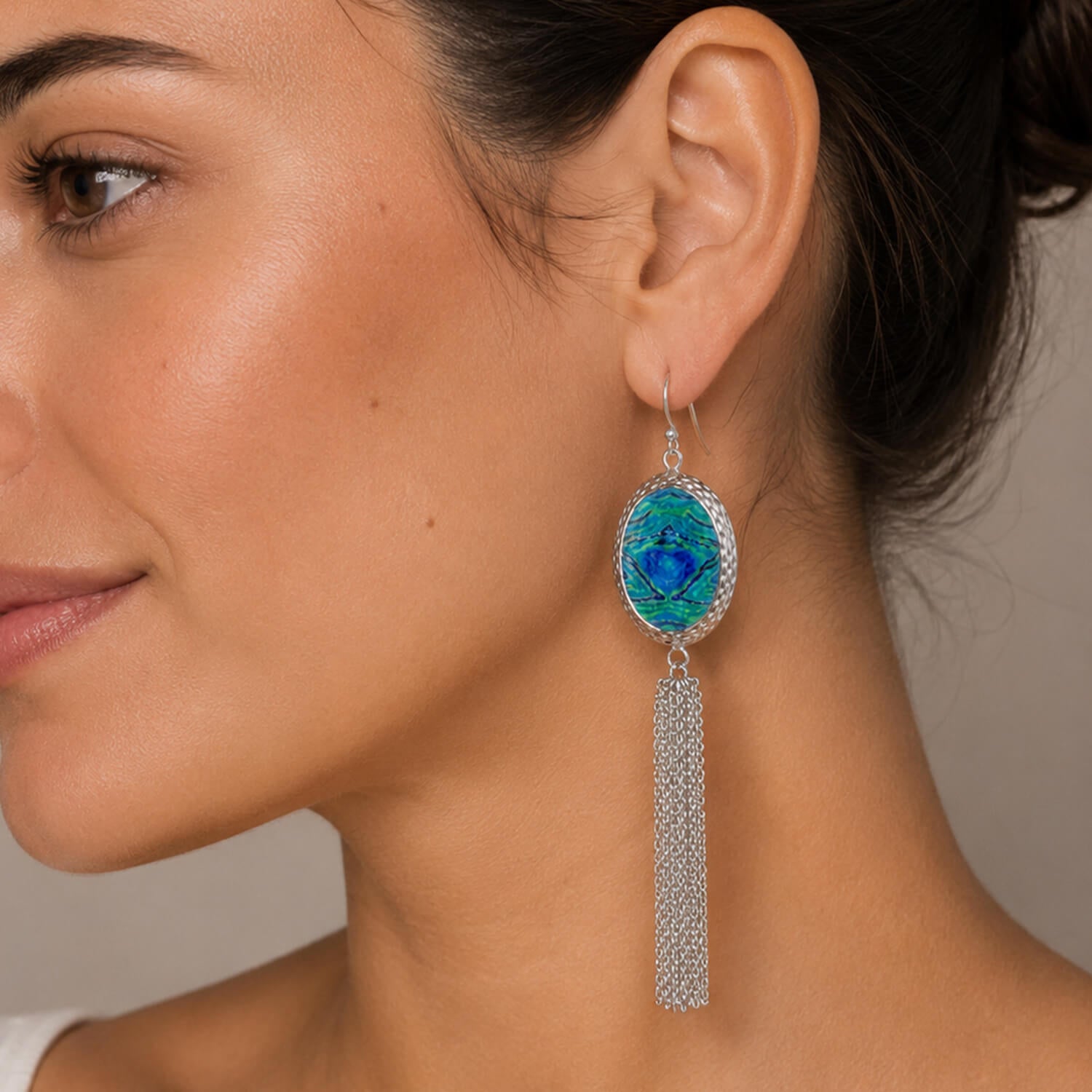 Oval Printed Tassel Earrings - TIE DYE