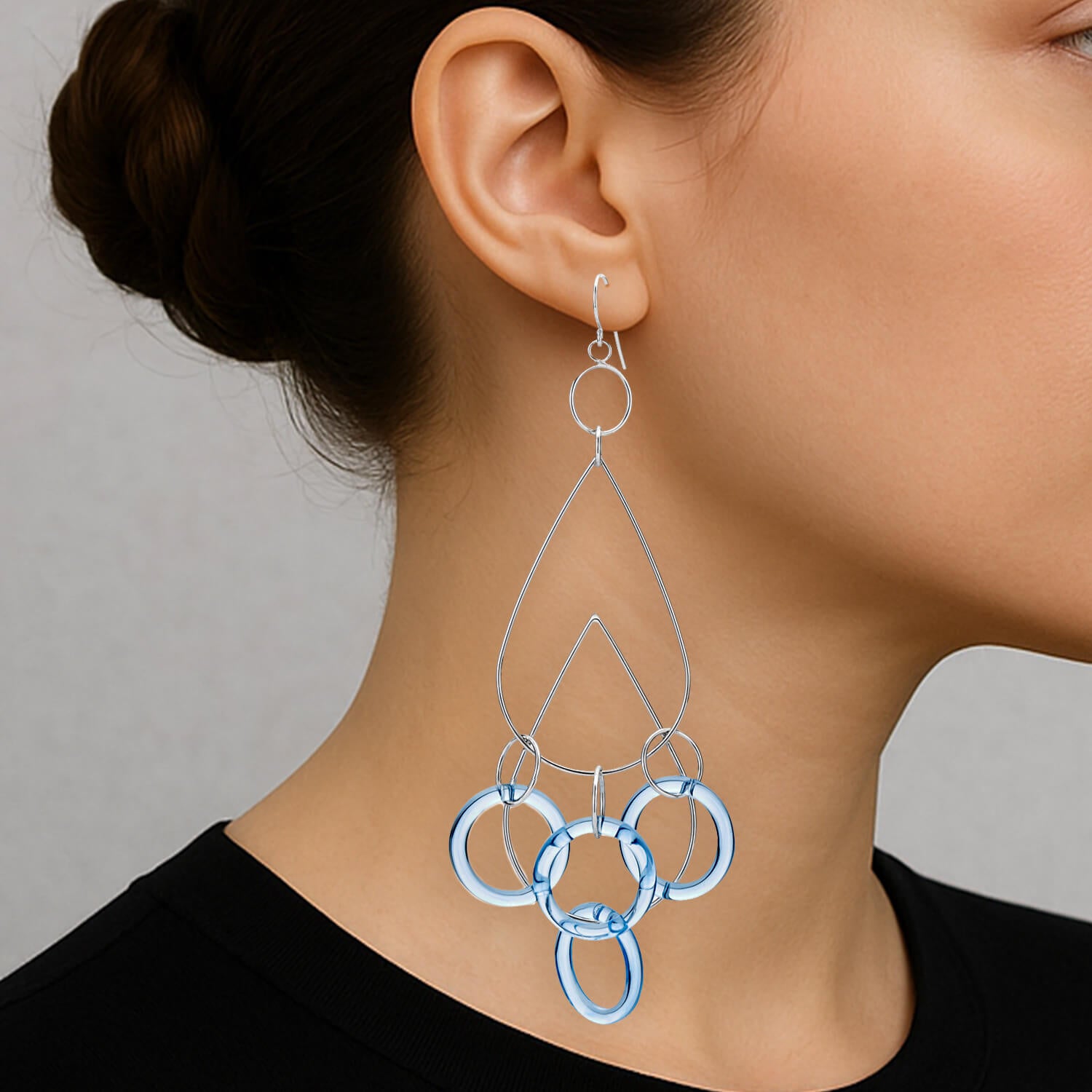 DROP AND DANGLE RAINDROP EARRINGS IN SILVER AND BLUE LUCITE