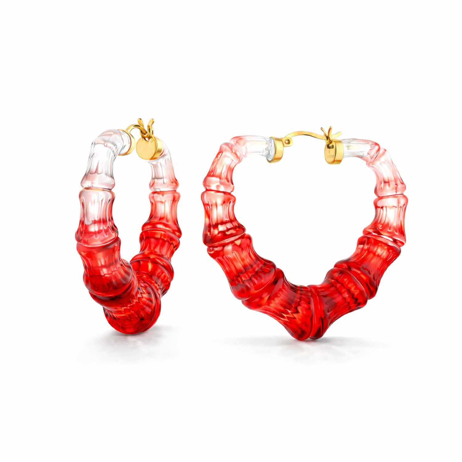 Red and clear hoop earrings on a white background