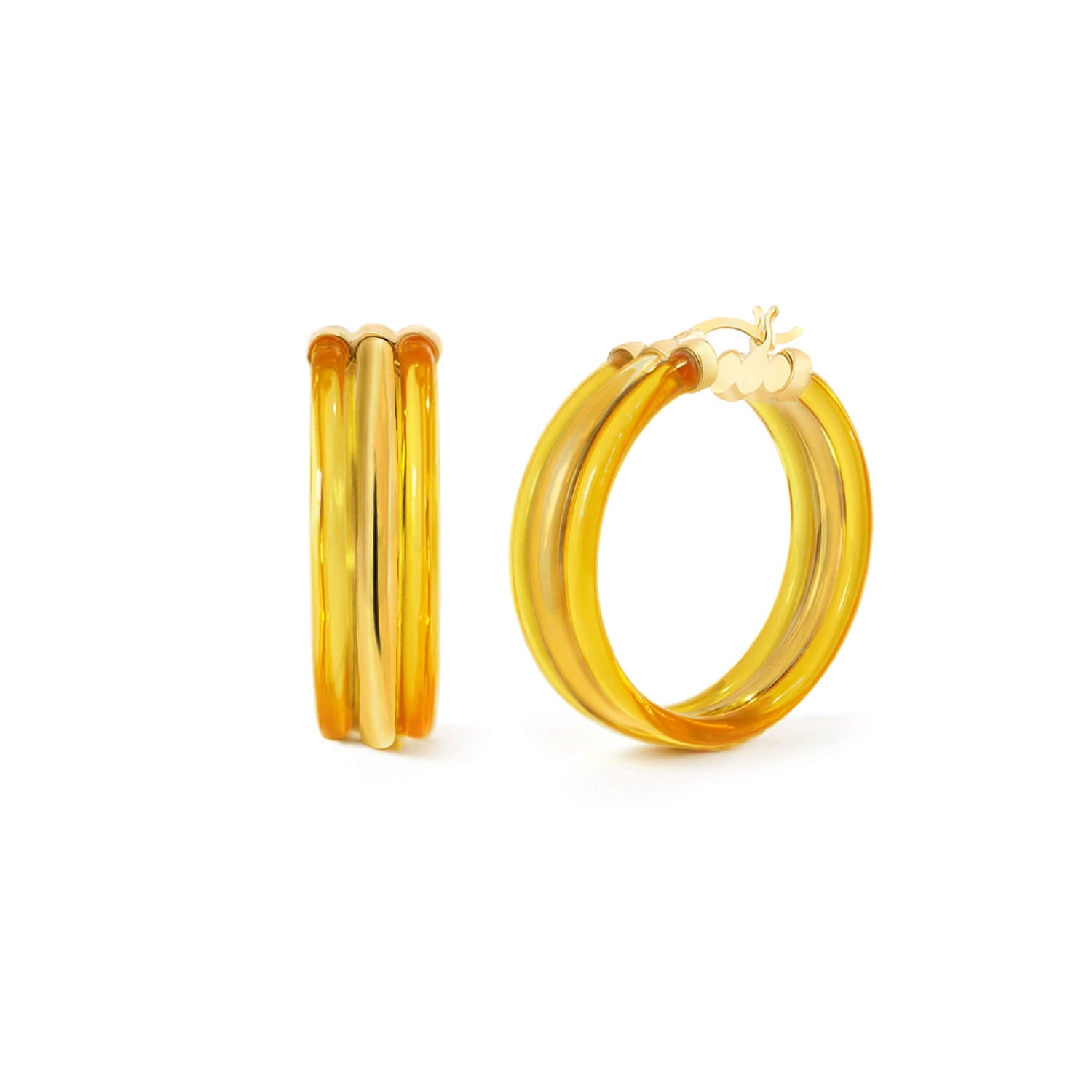 triple hoop earrings in gold and honey orange lucite