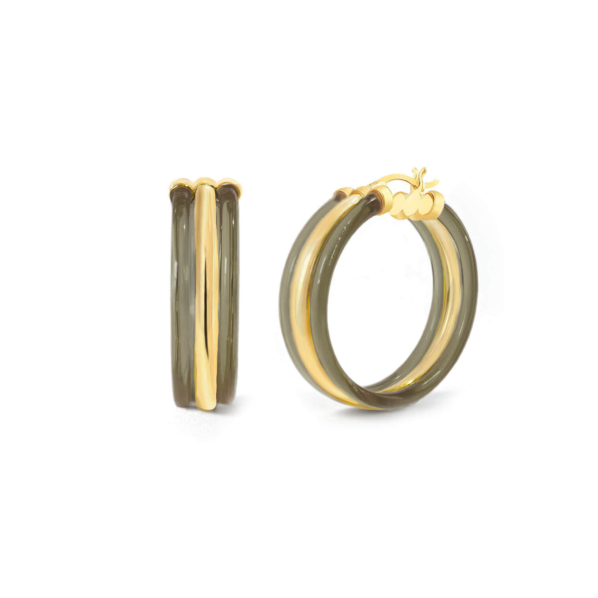 triple hoop earrings in gold and black lucite