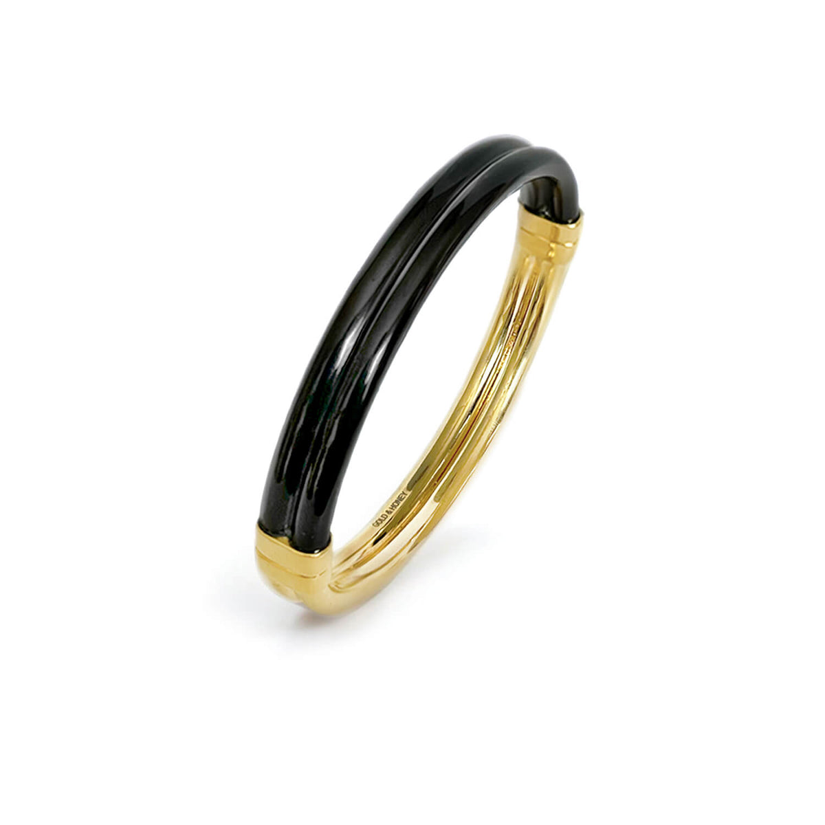 Ridge hinge bangle with lucite and gold in black lucite