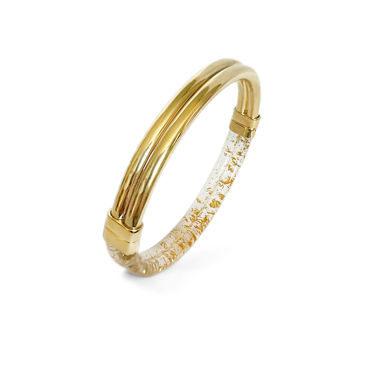 Ridge hinge bangle with lucite and gold in clear lucite and 24k gold leaf flakes