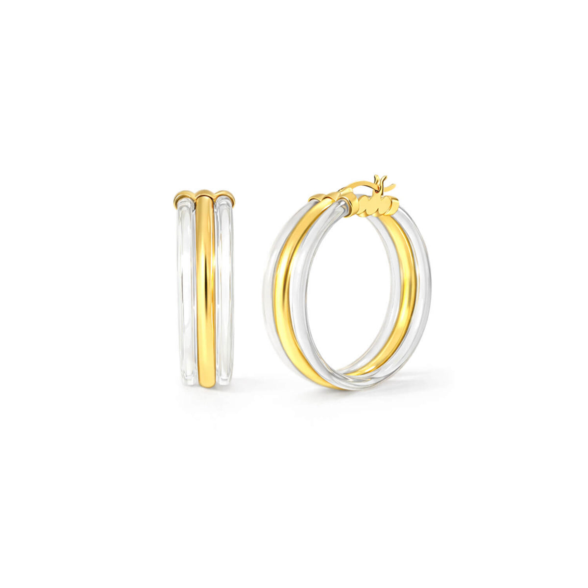 Two gold hoop earrings on a white background