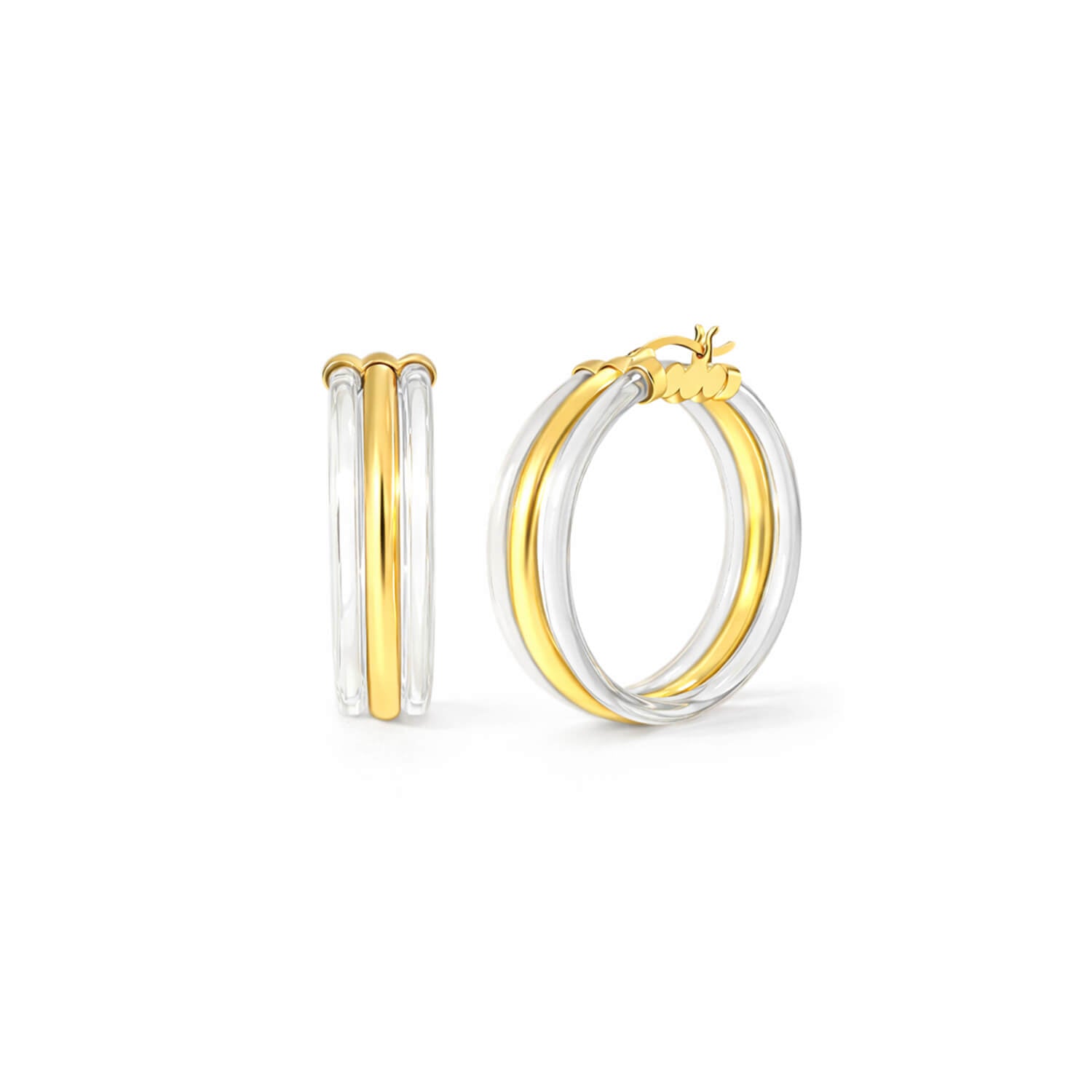 Two gold hoop earrings on a white background