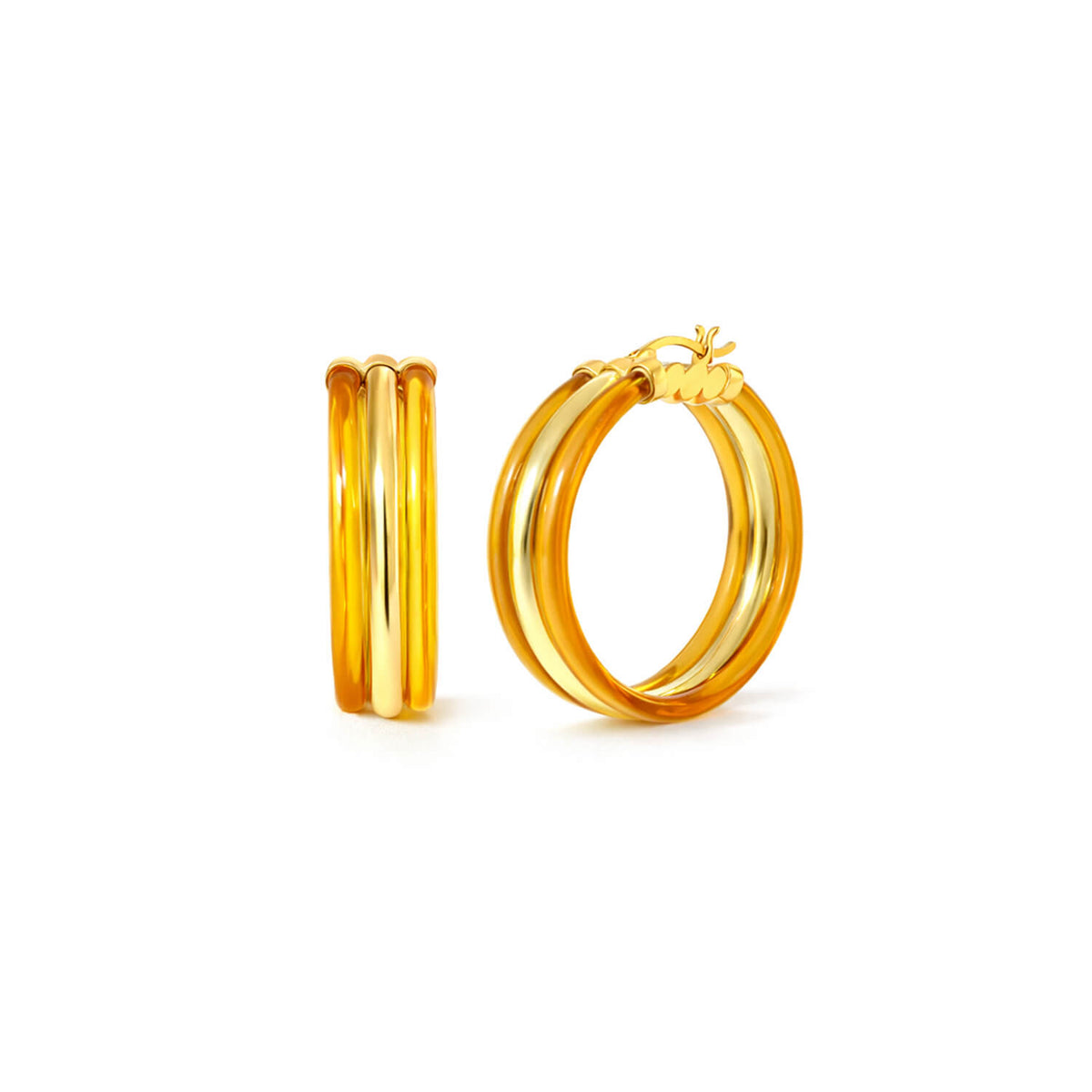 Gold hoop earrings on a white background