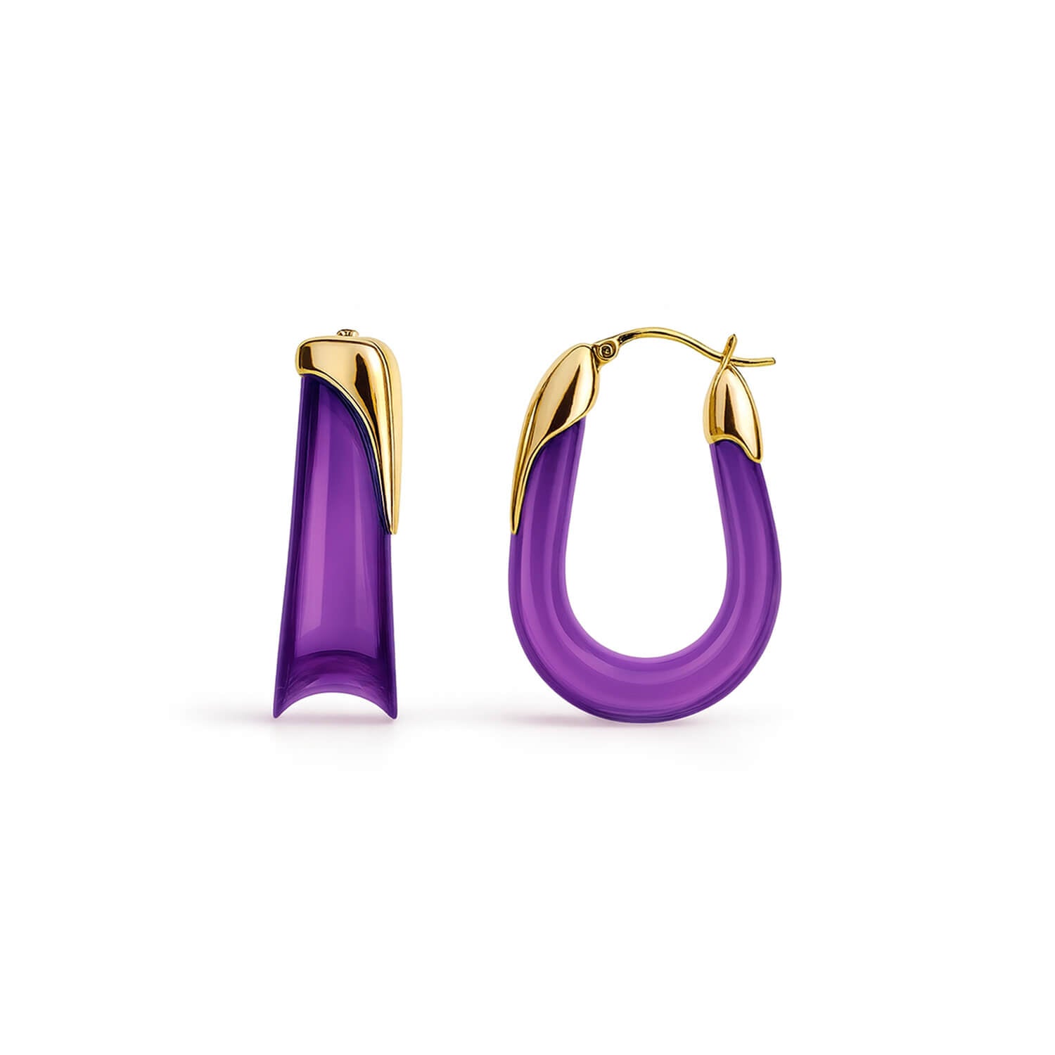 Purple hoop earrings with gold accents on a white background