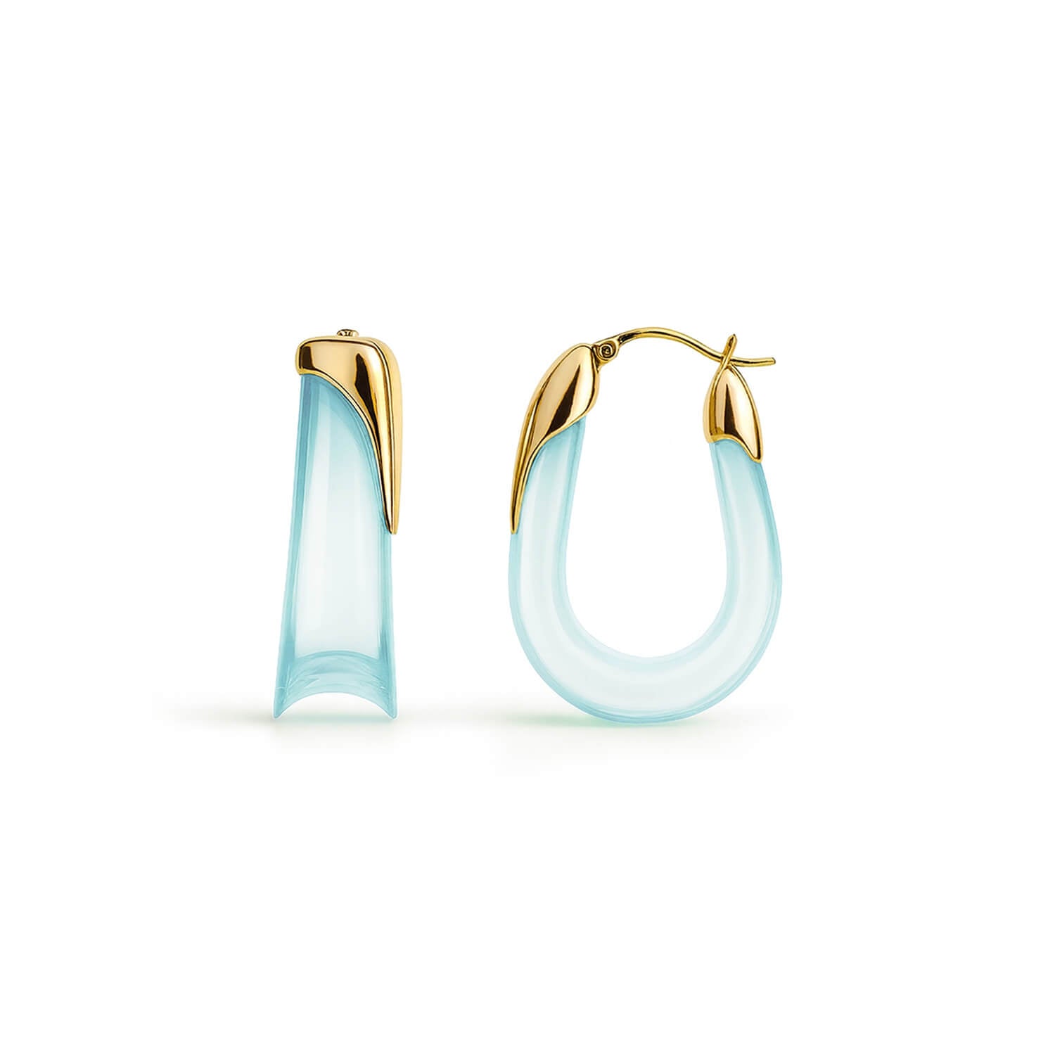 Pair of hoop earrings with gold and light blue design on a white background