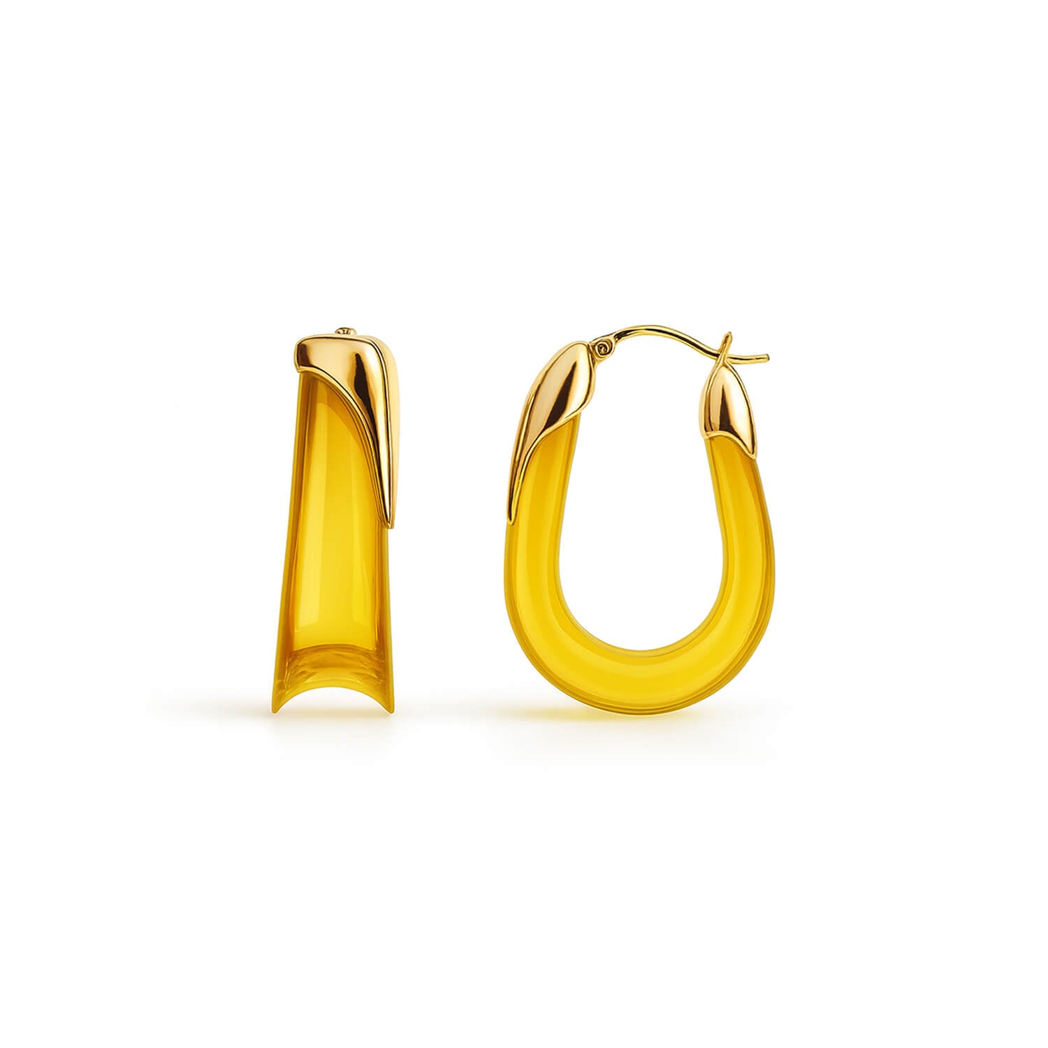 Gold hoop earrings with yellow accents on a white background