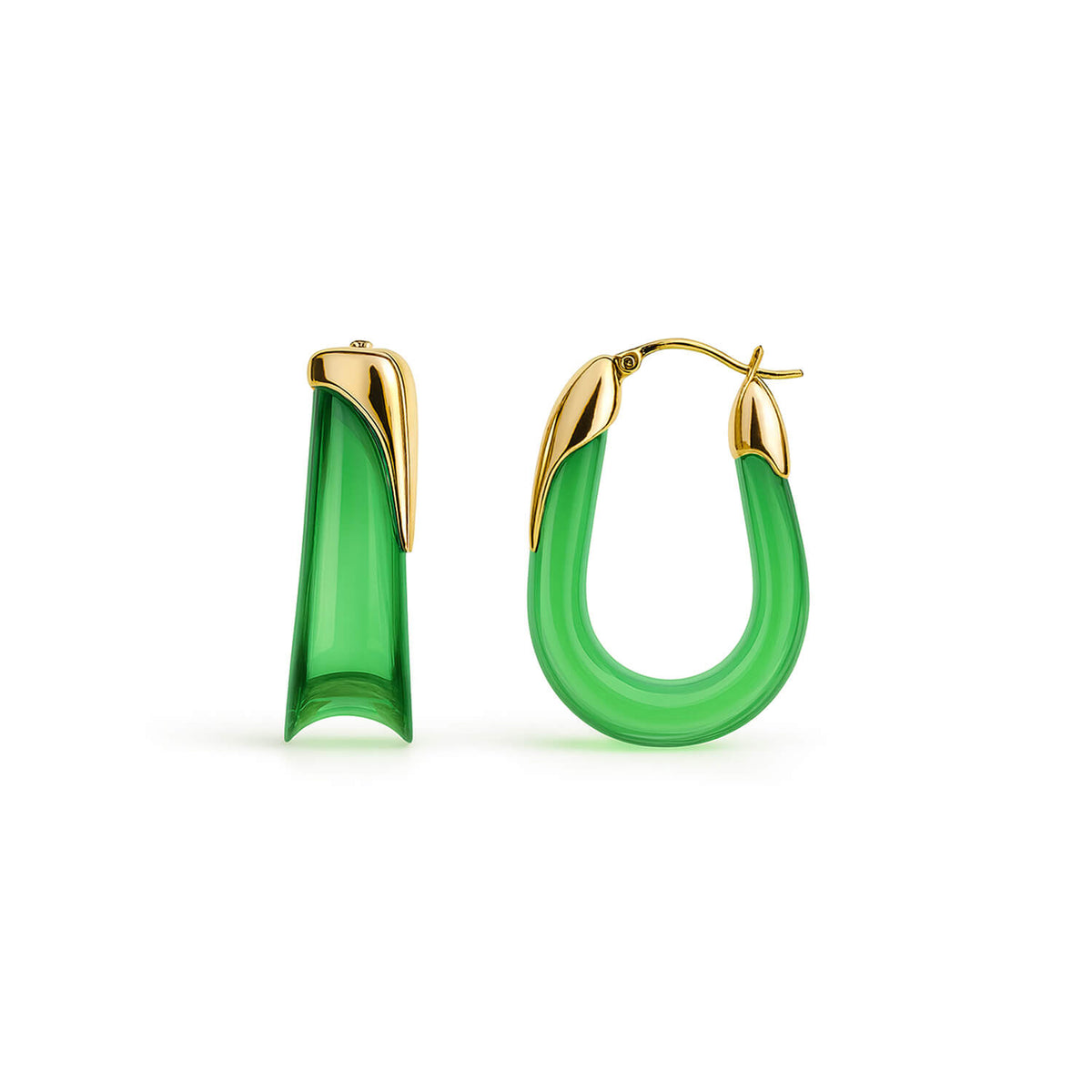 Green hoop earrings with gold accents on a white background