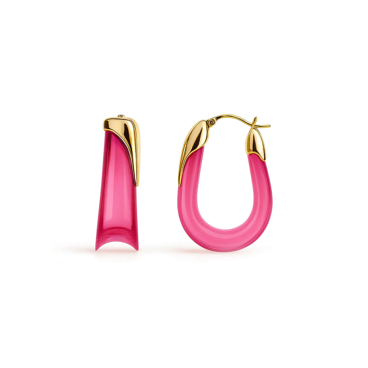 Pink hoop earrings with gold accents on a white background