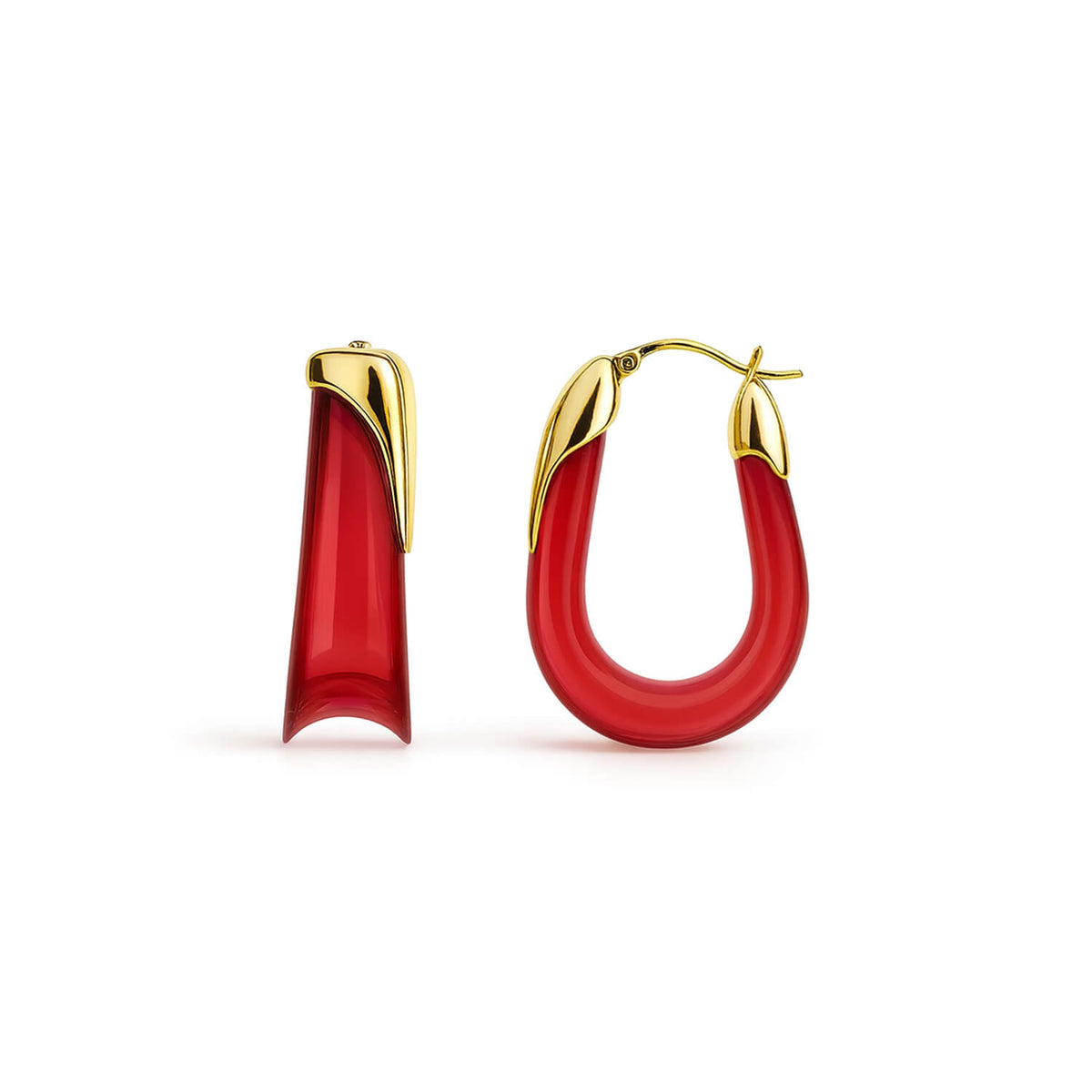 Red hoop earrings with gold accents on a white background