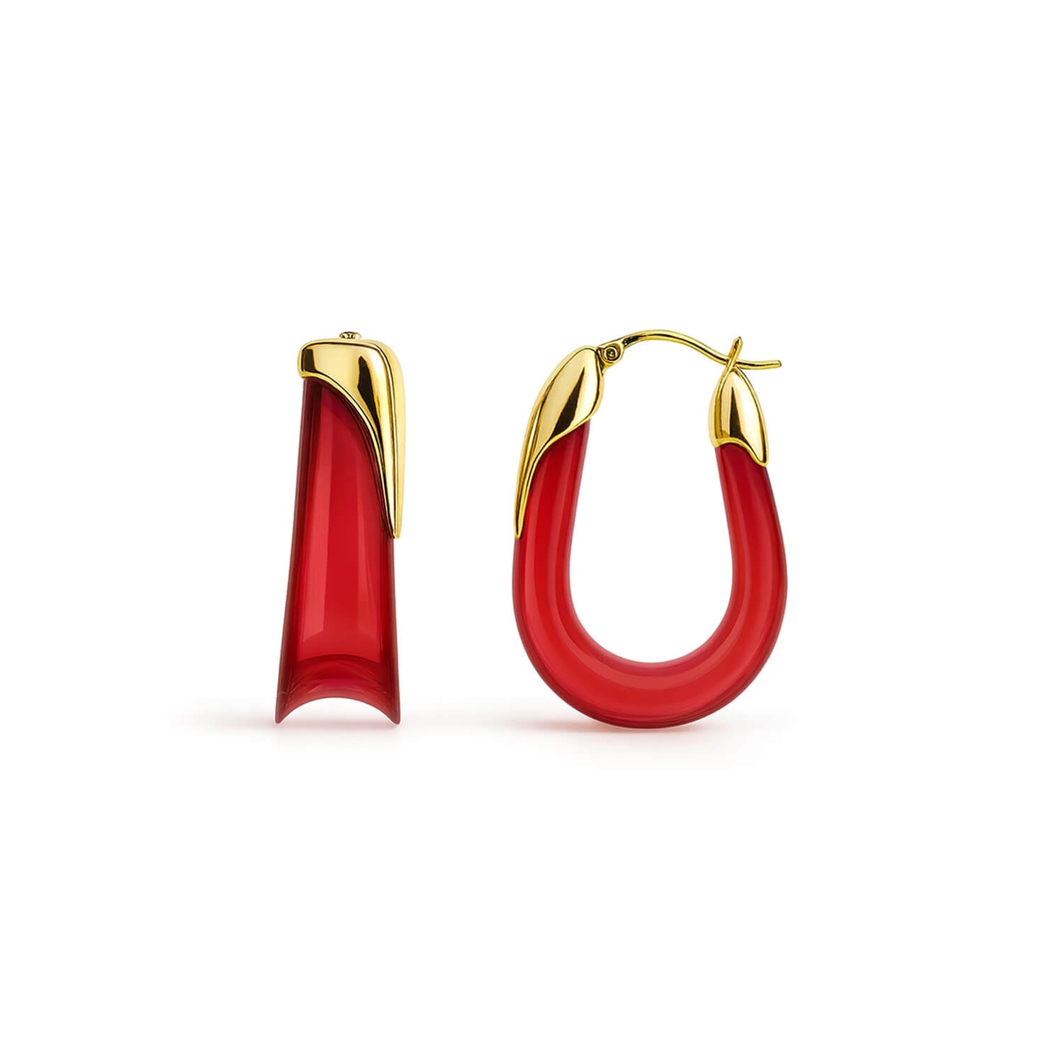 Red hoop earrings with gold accents on a white background