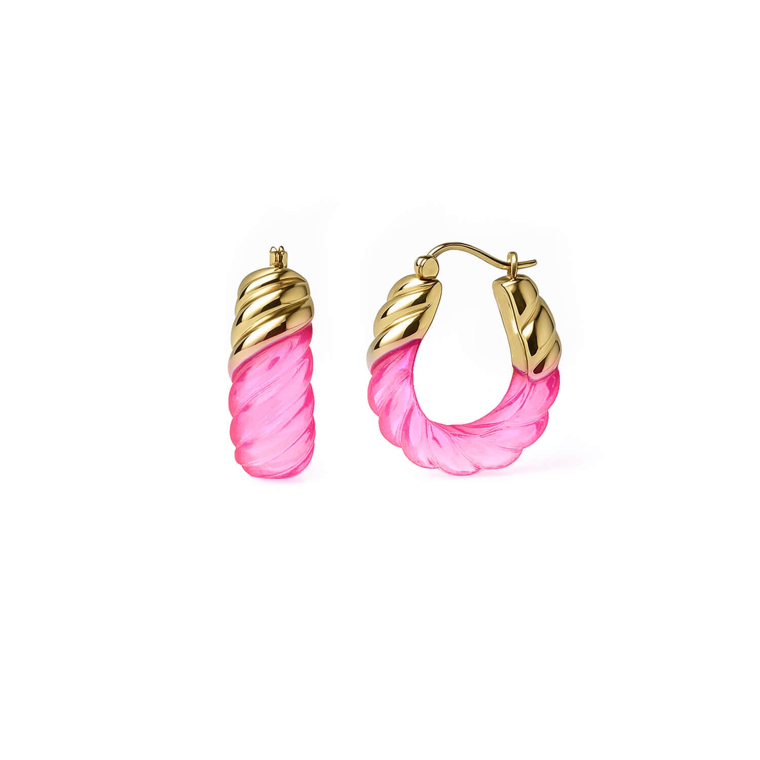 Rope Shrimp Lucite Birthstone Hoop Earrings in Pink Tourmaline