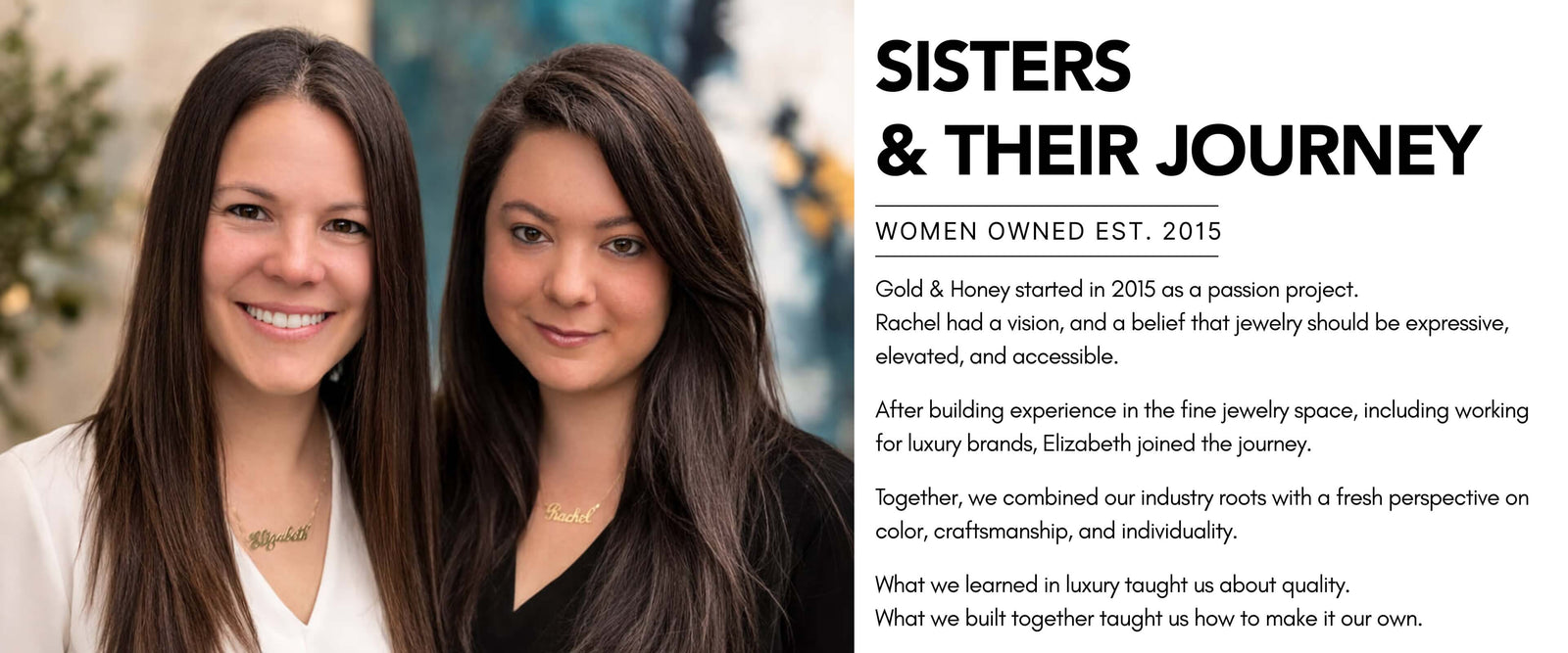 Two women with text about a women-owned jewelry brand.