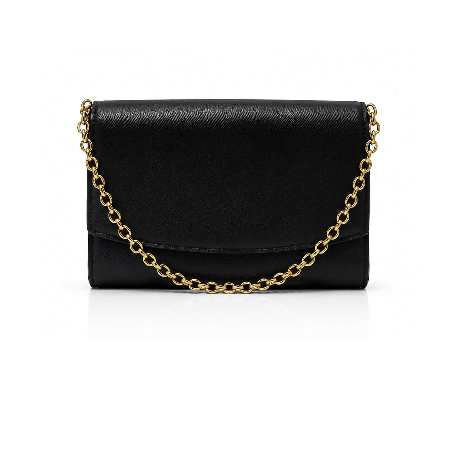A black leather clutch bag with a gold-tone chain strap, displayed on a clean white background.