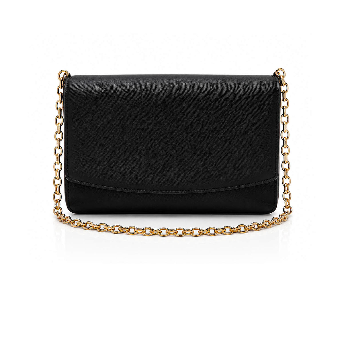 A black textured leather clutch bag with a gold-tone chain strap, displayed on a clean white background.