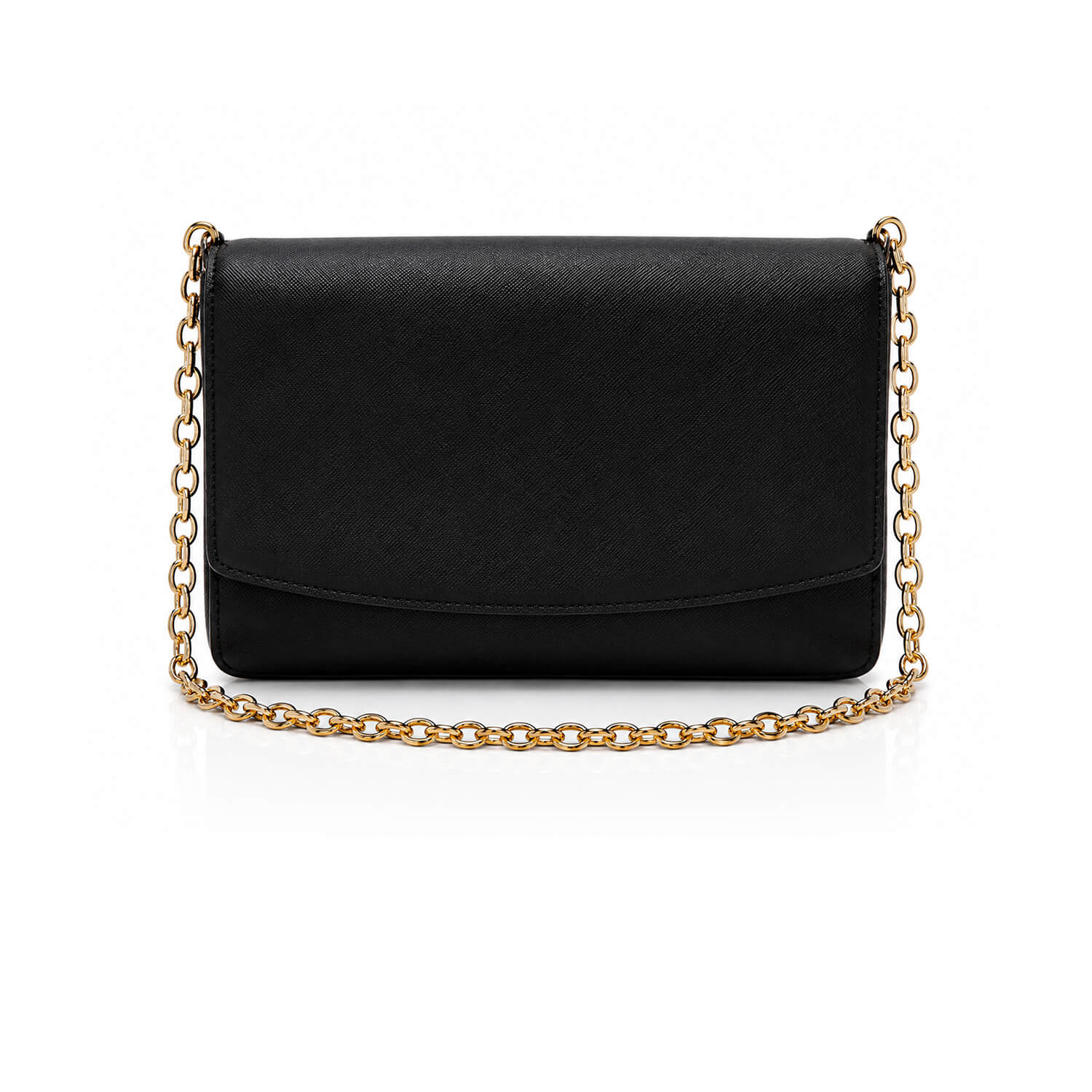 A black textured leather clutch bag with a gold-tone chain strap, displayed on a clean white background.