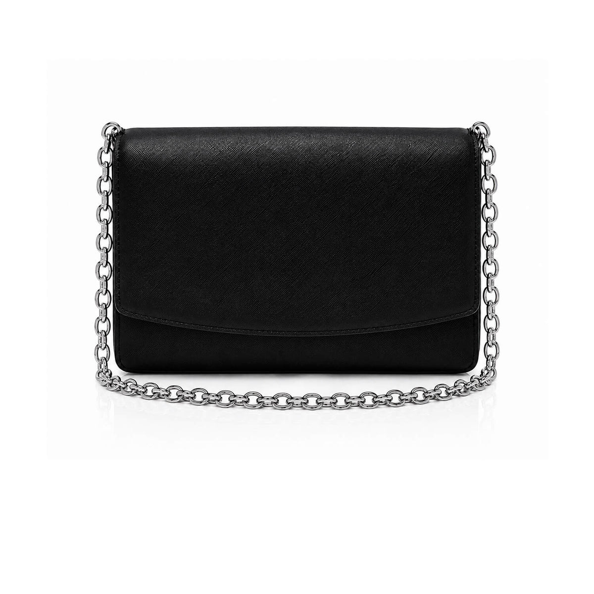 A black textured leather envelope clutch bag with a silver-tone metal chain strap, displayed against a clean white background.
